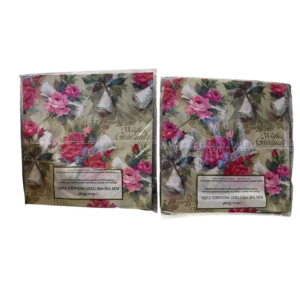 Vintage American Greetings Gift Wrap Graduate NEW Floral 2 Packages